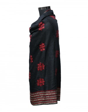 Women wool blend shawls embroidery stripes border  black